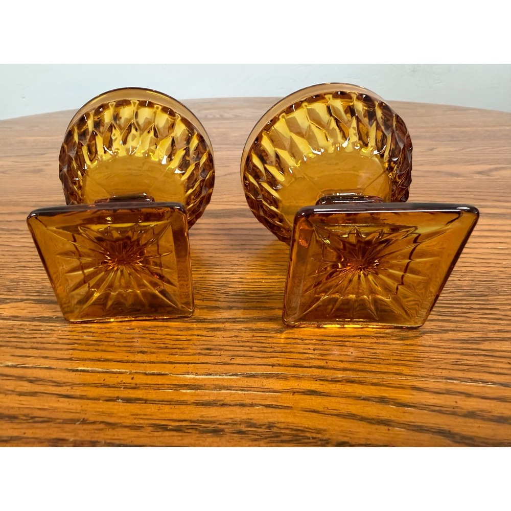 Vintage Amber Glass Sherbet Dessert Cups (2) Diamond Point Square Base Starburst - Picture 3 of 4